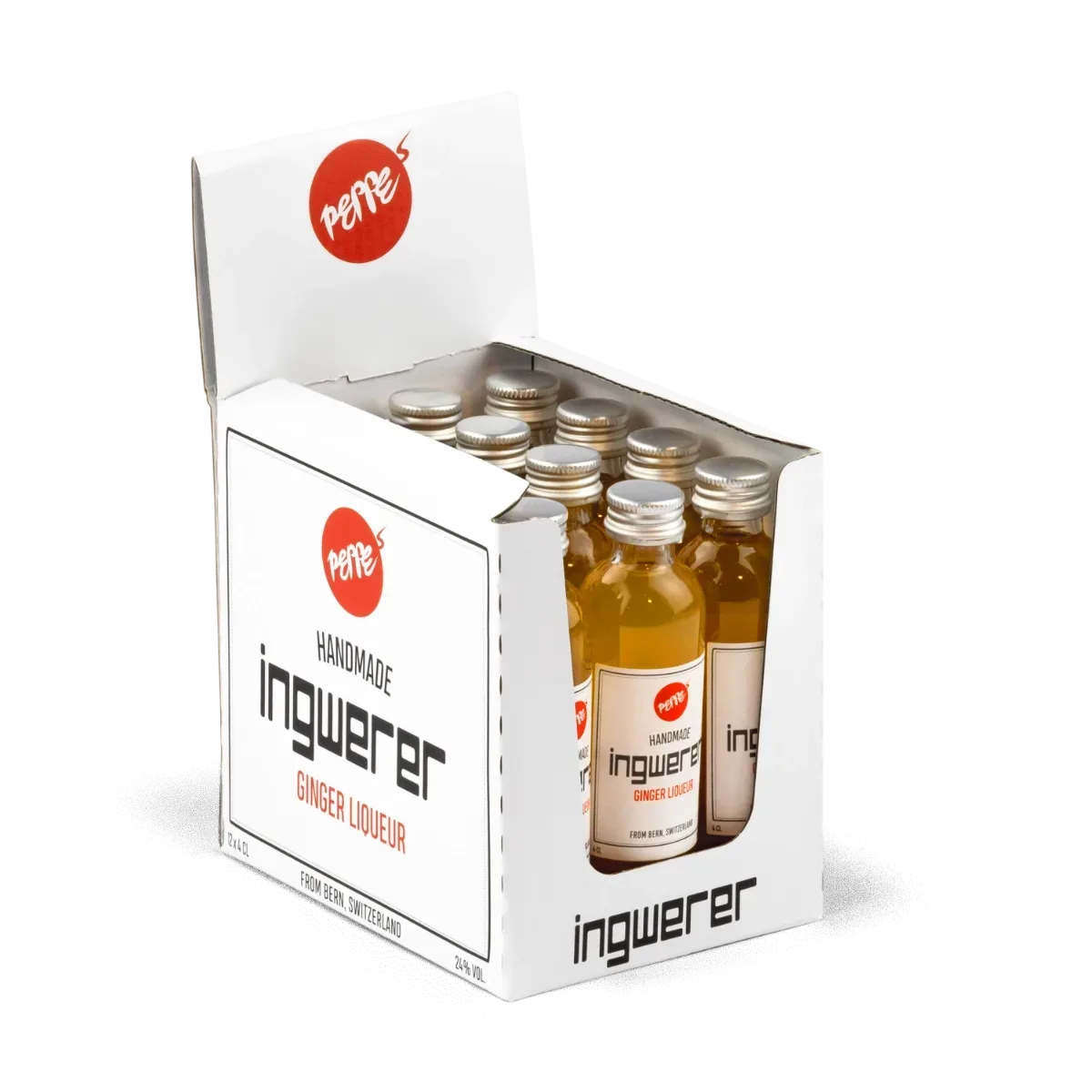 Peppes Bio Ingwerer Shot 12x4cl overview Peppe's Ingwerer - Schweizer Bio Ingwer-Likör - Handgemacht